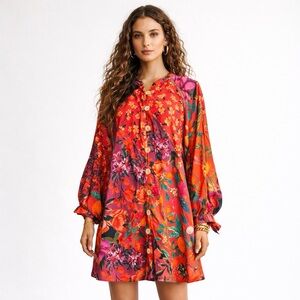 Farm Rio X Anthropologie Mini Shirt Dress Pink Red Floral Fruit Boho Swing Shift